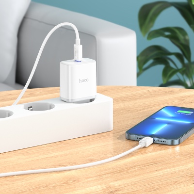 Сетевое зарядное устройство HOCO C104A Stage 1xUSB-C с Кабелем Type-C - Lightning, 20W, белый