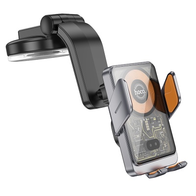 Автомобильный держатель HOCO HW8 Transparent, зажимной с беспроводной зарядкой, 15W, на приборную панель, серый металлик