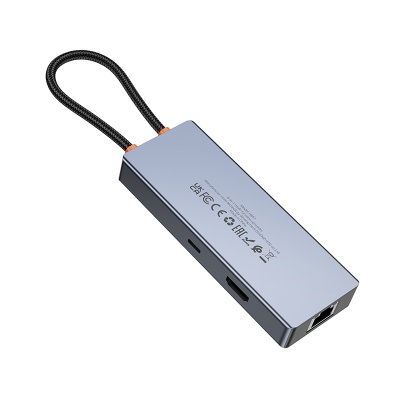 Переходник/Адаптер HOCO HB51 Wow 6 в 1 Type-C (m) - 3xUSB3.0 + Type-C PD + HDMI + RJ45, 19 см, серый металлик