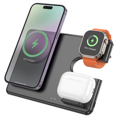 Беспроводное зарядное устройство HOCO CQ1 Geek folding 3-in-1 для iPhone+Airpods+Apple Watch, 3A, 15W, черный