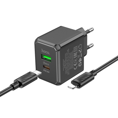 Сетевое зарядное устройство HOCO CS14A Ocean 1xUSB + 1xUSB-C с Кабелем Type-C - Lightning, 3A, 20W, черный