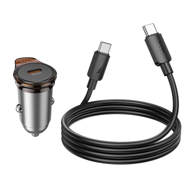 Автомобильное зарядное устройство HOCO NZ16 Rigorous, 1xUSB-C с Кабелем Type-C - Type-C, 30W, серый металлик