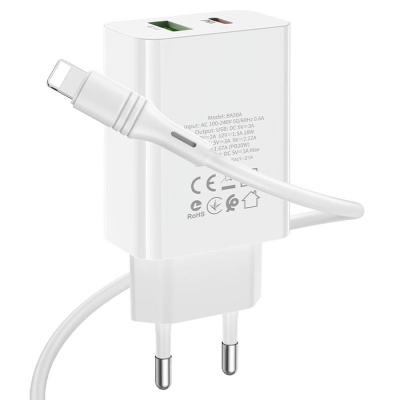 Сетевое зарядное устройство BOROFONE BA56A Lavida 1xUSB + 1xUSB-C с Кабелем Type-C - Lightning, 3.0A, 18W, белый