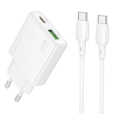 Сетевое зарядное устройство BOROFONE BN24 Wish 1xUSB + 1xUSB-C с Кабелем Type-C - Type-C, 3A, 20W, белый