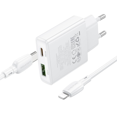 Сетевое зарядное устройство BOROFONE BN24 Wish 1xUSB + 1xUSB-C с Кабелем Type-C - Lightning, 3A, 20W, белый