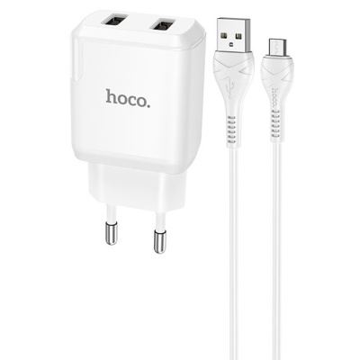 Сетевое зарядное устройство HOCO N7 Speedy 2xUSB с Кабелем USB - Micro, 2.1A, 10W, белый