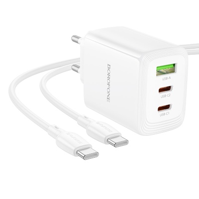 Сетевое зарядное устройство BOROFONE BN32 Cargador 1xUSB + 2xUSB-C с Кабелем Type-C - Type-C, 65W, белый