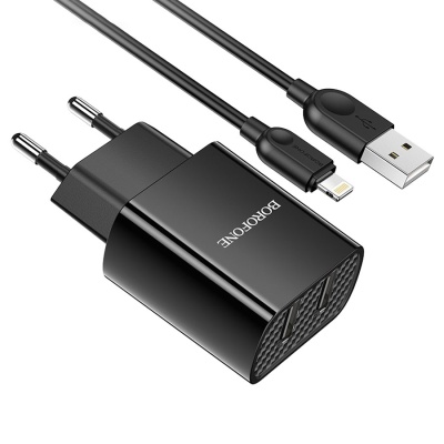 Сетевое зарядное устройство BOROFONE BA53A Powerway 2xUSB с Кабелем USB - Lightning, 2.1A, 10W, черный