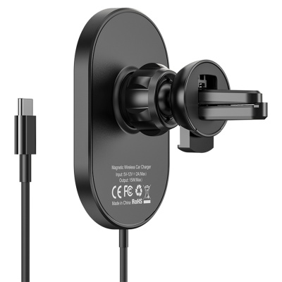 Автомобильный держатель HOCO CA90 Powerful magnetic, магнитный с беспроводной зарядкой, 15W, на воздуховод, черный
