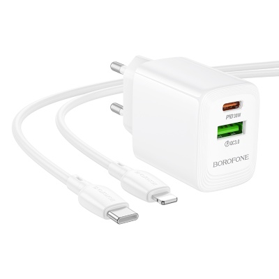 Сетевое зарядное устройство BOROFONE BN29 Fuente 1xUSB + 1xUSB-C с Кабелем Type-C - Lightning, 3A, 30W, белый
