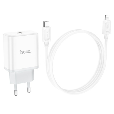 Сетевое зарядное устройство HOCO C104A Stage 1xUSB-C с Кабелем Type-C - Lightning, 20W, белый