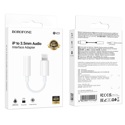 Переходник/Адаптер BOROFONE BV21 Genuine Lightning (m) - Jack 3,5 (f), 8.2 см, белый
