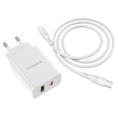 Сетевое зарядное устройство BOROFONE BA56A Lavida 1xUSB + 1xUSB-C с Кабелем Type-C - Lightning, 3.0A, 18W, белый