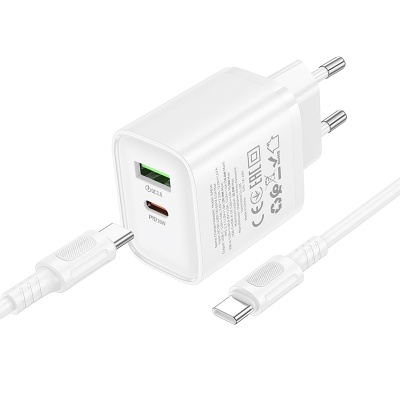 Сетевое зарядное устройство BOROFONE BA83A Flare star 1xUSB + 1xUSB-C с Кабелем Type-C - Type-C, 3A, 20W, белый