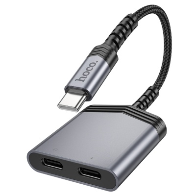Переходник/Адаптер HOCO LS40 Type-C (m) - Dual Type-C (f), 8 см, серый металлик
