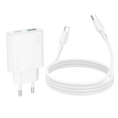 Сетевое зарядное устройство BOROFONE BN24 Wish 1xUSB + 1xUSB-C с Кабелем Type-C - Type-C, 3A, 20W, белый