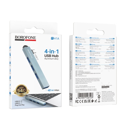 Переходник/Адаптер BOROFONE FH1A 4 в 1 Type-C (m) - 1xUSB3.0 (f) + 3xUSB2.0 (f), серый металлик
