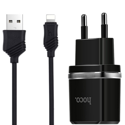 Сетевое зарядное устройство HOCO C12 Smart 2xUSB с Кабелем USB - Lightning, 2.4A, черный