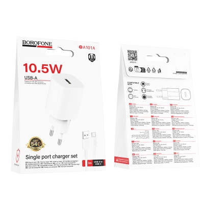 Сетевое зарядное устройство BOROFONE BA101A Pudding 1xUSB с Кабелем USB - Type-C, 2.1A, белый