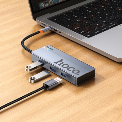 Переходник/Адаптер HOCO HB50 Wow 5 в 1 Type-C (m) - 3xUSB3.0 + Type-C PD + HDMI, 19 см, серый металлик