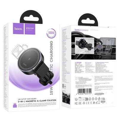 Автомобильный держатель HOCO HW35 Power, магнитный с беспроводной зарядкой, 15W, на воздуховод, черный