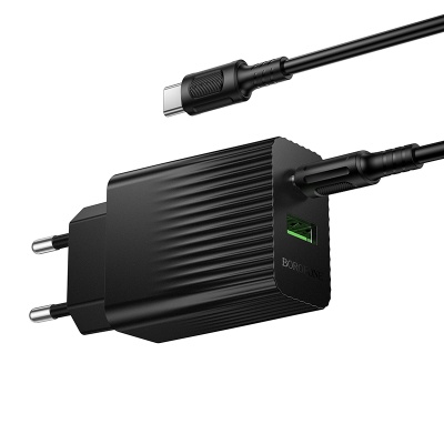 Сетевое зарядное устройство BOROFONE BAS74A Source 1xUSB + 1xUSB-C с Кабелем Type-C - Type-C, 3A, 20W, черный