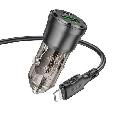 Автомобильное зарядное устройство BOROFONE BZ25 Journey, 1xUSB + 1xUSB-C с Кабелем Type-C - Lightning, 38W, прозрачный черный