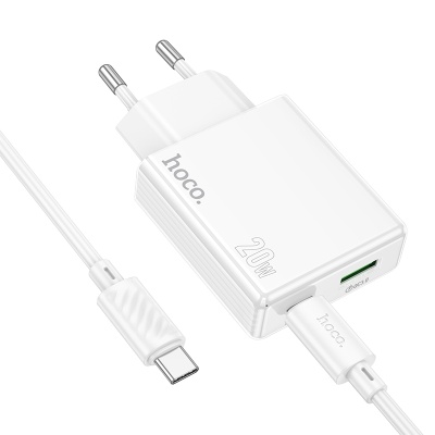 Сетевое зарядное устройство HOCO C142A Direct 1xUSB + 1xUSB-C с Кабелем Type-C - Type-C, 3A, 20W, белый