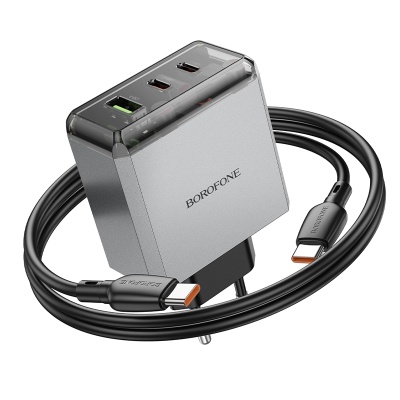 Сетевое зарядное устройство BOROFONE BN22 Lena 1xUSB + 2xUSB-C с Кабелем Type-C - Type-C, 3A, 65W, серый металлик