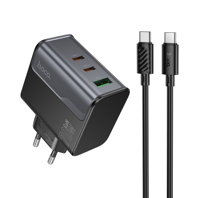 Сетевое зарядное устройство HOCO CS75A Star 1xUSB + 2xUSB-C с Кабелем Type-C - Type-C, 70W, черный