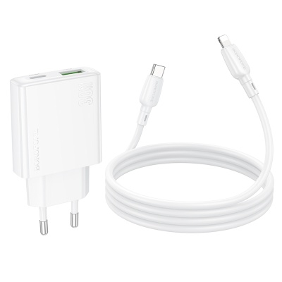 Сетевое зарядное устройство BOROFONE BN25 Wish 1xUSB + 1xUSB-C с Кабелем Type-C - Lightning, 3A, 30W, белый