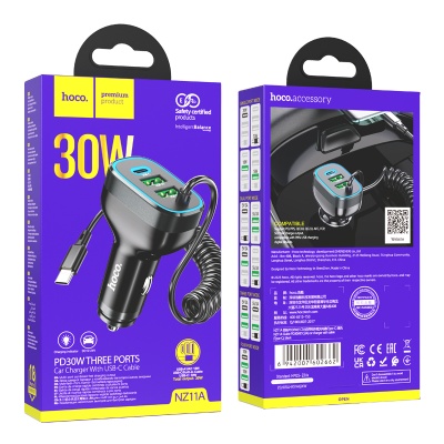 Автомобильное зарядное устройство HOCO NZ11A Guide, 1xUSB + 2xUSB-C с Кабелем Type-C, 3A, 30W, черный