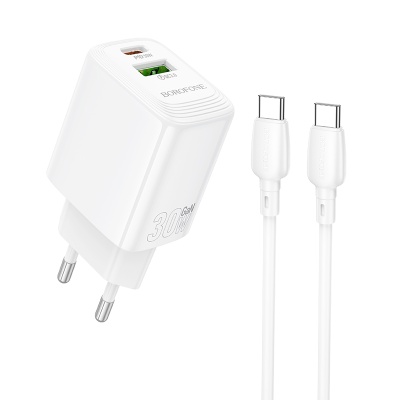 Сетевое зарядное устройство BOROFONE BN29 Fuente 1xUSB + 1xUSB-C с Кабелем Type-C - Type-C, 3A, 30W, белый