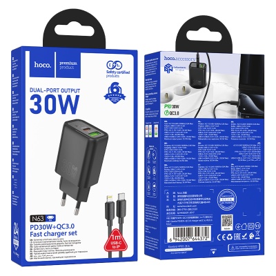 Сетевое зарядное устройство HOCO N63 Gentle 1xUSB + 1xUSB-C с Кабелем Type-C - Lightning, 3A, 30W, черный