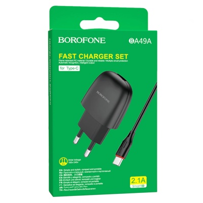 Сетевое зарядное устройство BOROFONE BA49A Vast 1xUSB с Кабелем USB - Type-C, 2.1A, 10W, черный