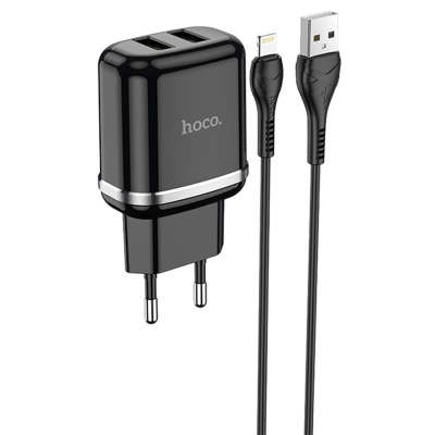 Сетевое зарядное устройство HOCO N4 Aspiring 2xUSB с Кабелем USB - Lightning, 2.4A, 10.8W, черный