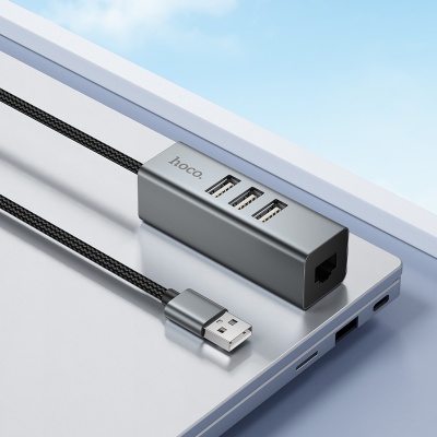USB HUB разветвитель HOCO HB1D 4 в 1 USB (m) - 3xUSB2.0 (f) + RJ45 (f), 1 м, серый металлик