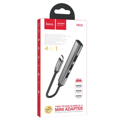 USB HUB разветвитель HOCO HB26 4 в 1 Type-C (m) - USB3.0 (f) + 3xUSB2.0 (f), серый металлик