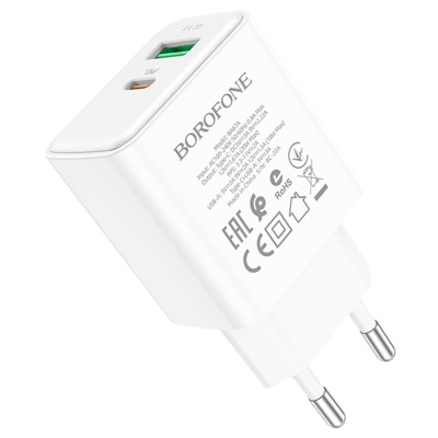 Сетевое зарядное устройство BOROFONE BA67A 1xUSB + 1xUSB-C, 20W, белый