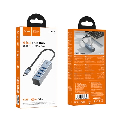 USB HUB разветвитель HOCO HB1C 4 в 1 Type-C (m) - 4xUSB3.0 (f), 1 м, серый металлик