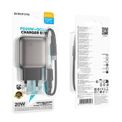 Сетевое зарядное устройство BOROFONE BAS54A Absolute 1xUSB + 1xUSB-C с Кабелем Type-C - Type-C, 3A, 20W, черный