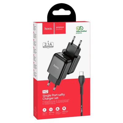 Сетевое зарядное устройство HOCO N2 Vigour single 1xUSB с Кабелем USB - Type-C, 2A, 10W, черный