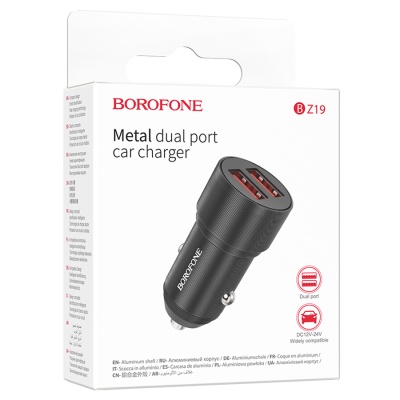 Автомобильное зарядное устройство BOROFONE BZ19 Wisdom, 2xUSB, 2.4A, 12W, черный