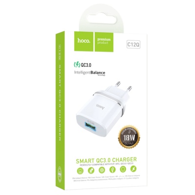 Сетевое зарядное устройство HOCO C12Q Smart 1xUSB, 3A, 18W, белый