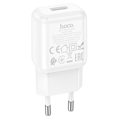 Сетевое зарядное устройство HOCO C96A 1xUSB, 2.1A, 10W, белый