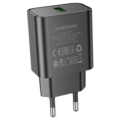 Сетевое зарядное устройство BOROFONE BA72A Spring 1xUSB, 18W, черный