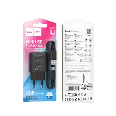 Сетевое зарядное устройство HOCO C134A Solid 1xUSB с Кабелем USB - Type-C, 2.4A, черный