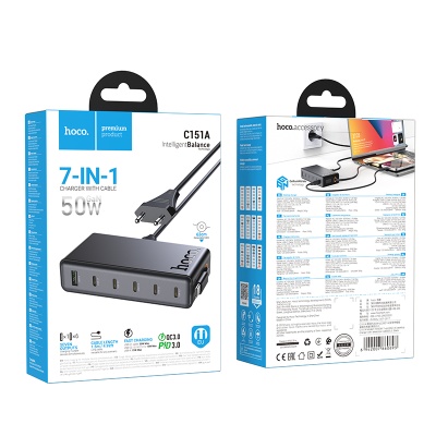Сетевое зарядное устройство HOCO C151A Modern 1xUSB + 6xUSB-C с Кабелем Type-C, 3A, 70W, черный