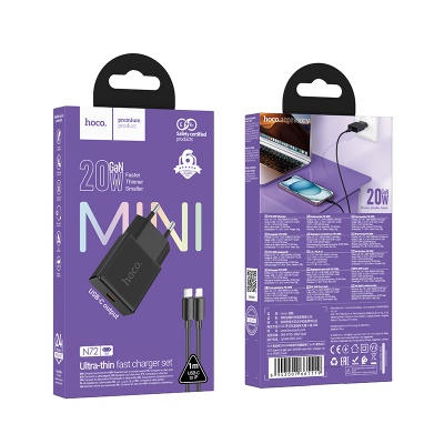 Сетевое зарядное устройство HOCO N72 Speed 1xUSB-C с Кабелем Type-C - Lightning, 20W, черный