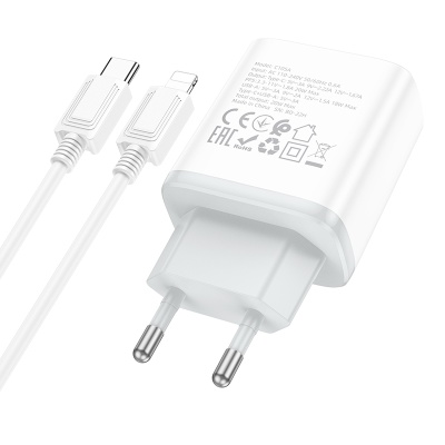 Сетевое зарядное устройство HOCO C105A Stage 1xUSB + 1xUSB-C с Кабелем Type-C - Lightning, 3A, 20W, белый